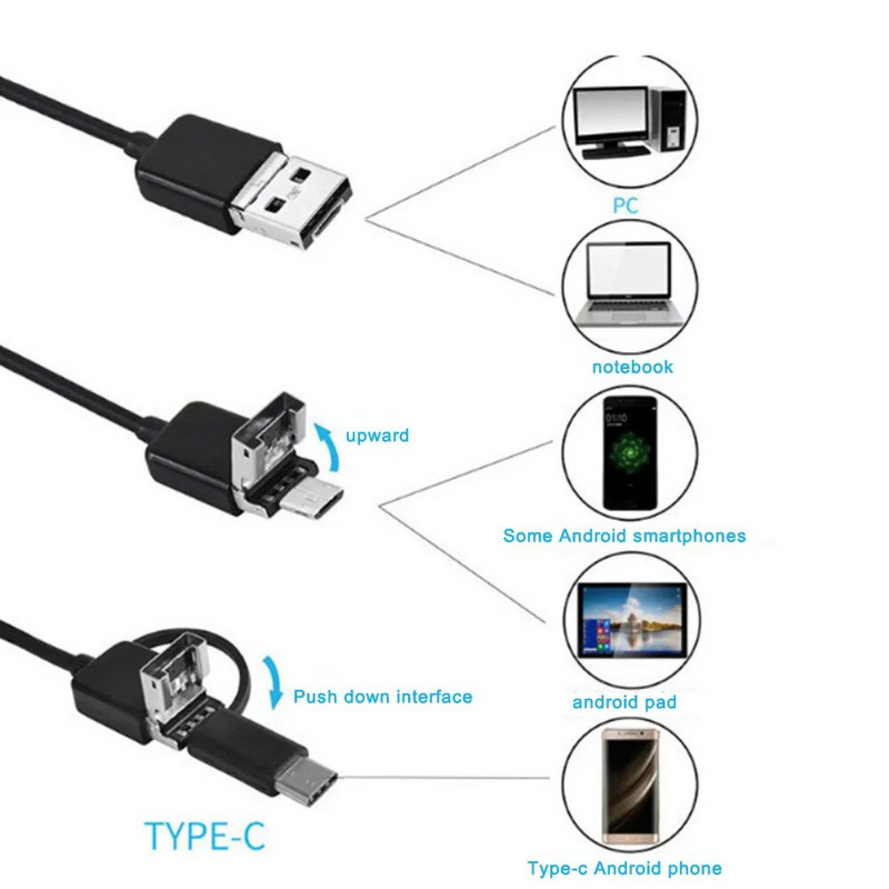 5,5 mm 7 mm endoskopas 3 viename USB / mikro USB / C tipo reguliuojamas boreskopas, lanksti tikrinimo kamera, atspari vandeniui, skirta Android išmaniajam telefonui