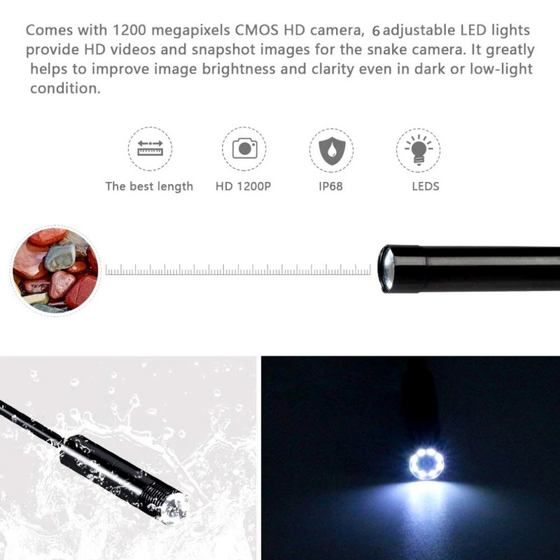 6 LED USB mini endoskopinė kamera 1/2/3,5/5/10 m lankstaus kieto kabelio gyvatės boreskopo tikrinimo kamera, skirta "Android" išmaniesiems telefonams