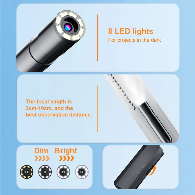 Endoskopska kamera sa svjetlom 1920P 8mm tanki boreskop s mogućnošću prigušivanja 8LED kamera za pregled za iPhone Android Vodootporna zmija kamera