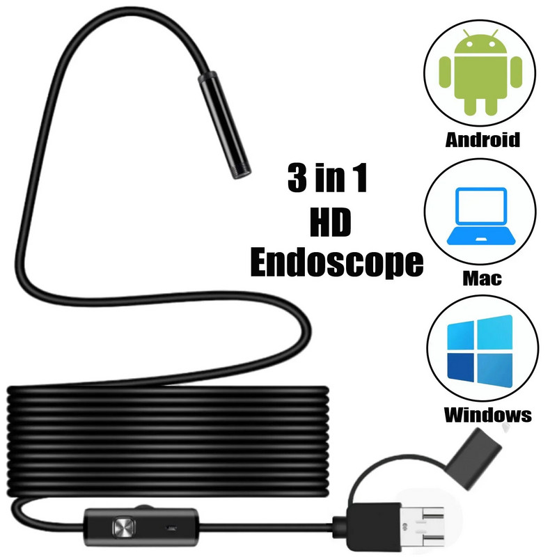 Pramoninė endoskopinė kamera, IP67 atsparus vandeniui, vamzdyno tikrinimo boreskopas, automobilių dalys, 3 viename, Android telefonai, kompiuteris, 5,5 mm