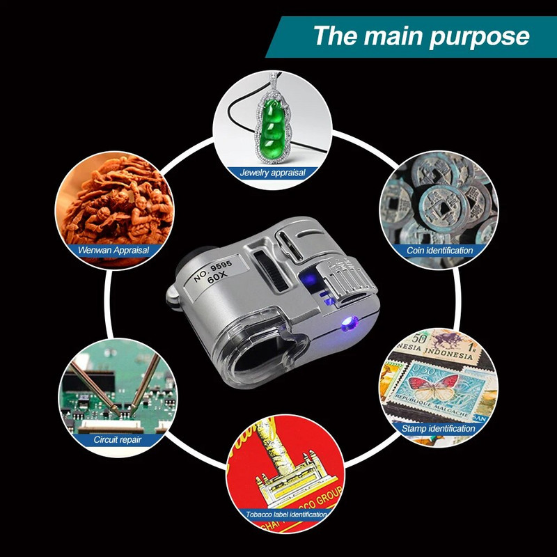 Mini Pocket 60X rankinis didinamasis stiklas mikroskopas, fokusuojantis reguliuojamas lupas valiutos detektorius juvelyro didintuvas su LED šviesa