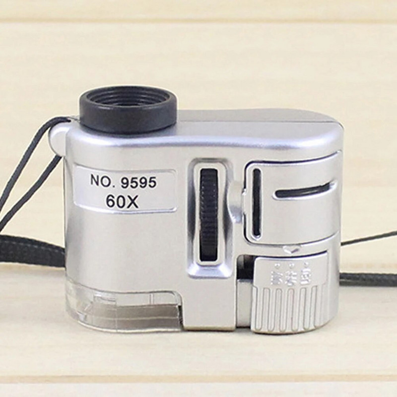 Mini Pocket 60X rankinis didinamasis stiklas mikroskopas, fokusuojantis reguliuojamas lupas valiutos detektorius juvelyro didintuvas su LED šviesa