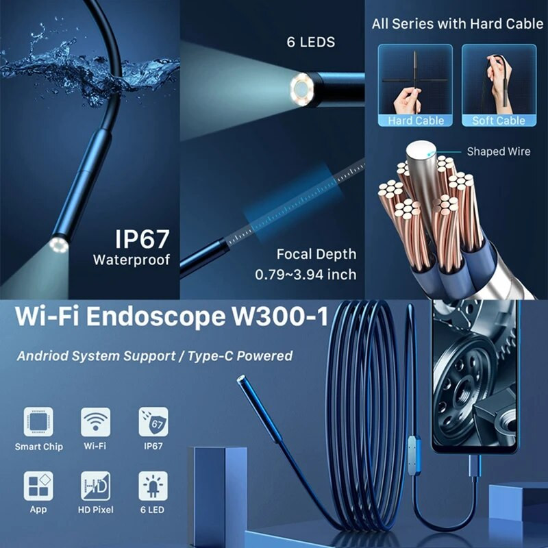 Apžiūros kameros „Wi-Fi“ pramoninis boreskopas su 6 LED lemputėmis, C tipo USB, atsparus vandeniui IP67