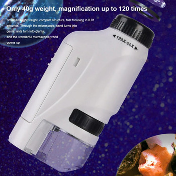Комплект ръчен джобен микроскоп 60-120x Лабораторен микроскоп с LED светлина Батерия Захранващ научен микроскоп с държач за телефон за деца