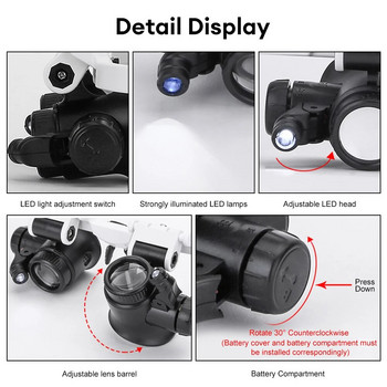 2XLED Watch Jeweler Repair Magnifier Head-Mounted Headband Magnifying Head Eye Glasses Loupe Lens 8X 15X 23X Measuring Tool