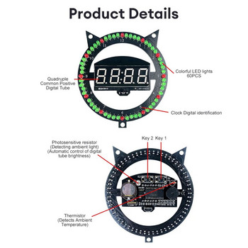 Διασκεδαστικό ξυπνητήρι LED 5V Πολλαπλών λειτουργιών Ρολόι γατάκι Δημιουργικός έλεγχος φωτός Συναρμολόγηση Ηλεκτρονικά κιτ συγκόλλησης DIY