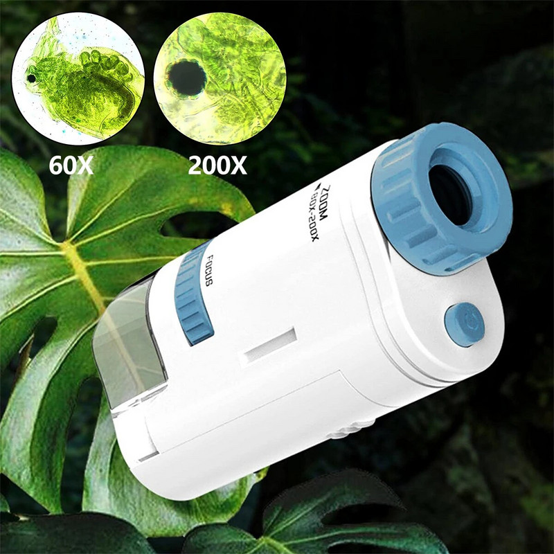 60–200 kartų kišeninis mikroskopas vaikams, mokslo eksperimentinis LED šviestuvas „Porta“ elektrinis mini didelės raiškos lauko mokomasis vaikas