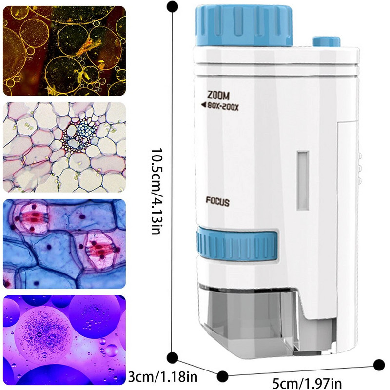 60–200 kartų kišeninis mikroskopas vaikams, mokslo eksperimentinis LED šviestuvas „Porta“ elektrinis mini didelės raiškos lauko mokomasis vaikas