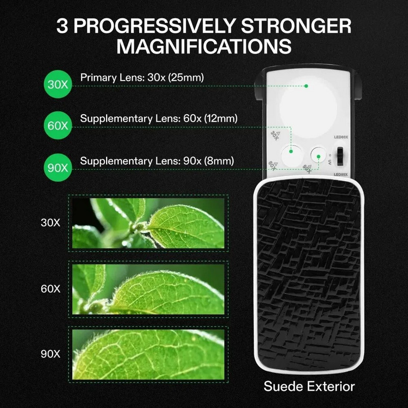 Išstumiamas papuošalų lupų didinamasis stiklas 30 x 60 x 90 x juvelyrų lupų didinamasis stiklas su 3 lemputėmis monetoms antspaudai