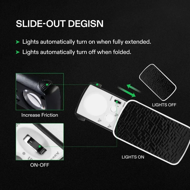 Išstumiamas papuošalų lupų didinamasis stiklas 30 x 60 x 90 x juvelyrų lupų didinamasis stiklas su 3 lemputėmis monetoms antspaudai