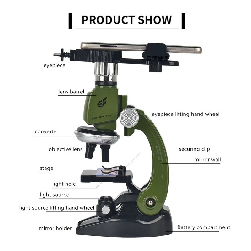 Mikroskoobikomplekt Lab LED 100X-400X-1200X bioloogiline mikroskoop Kodukool, loodusteaduste hariv mänguasi, kingitus lastele lapsele