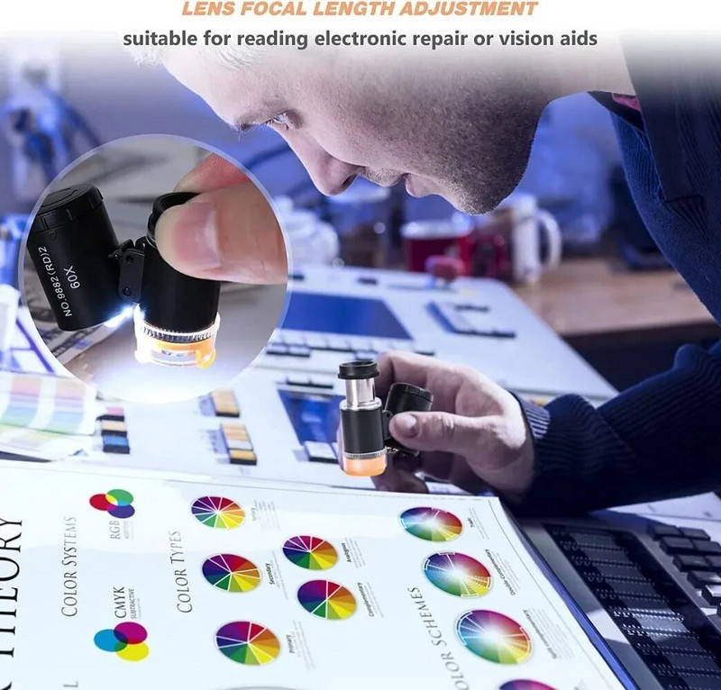 60 kartų nešiojamas didinamasis stiklas šaltas ir šiltas 3 LED lempų fluorescencinis senovinis tekstilės spausdinimo antspaudo identifikavimo mikroskopas
