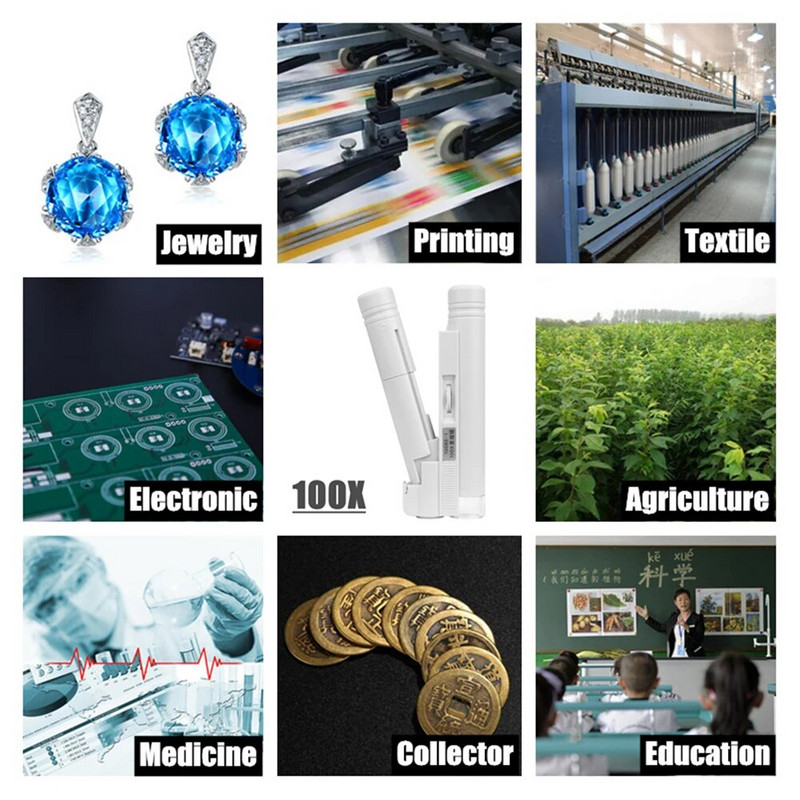 Rankinis mikroskopas 40X 80X 100X mini kišeninis nešiojamasis mikroskopas LED lempos šviesa sulankstoma papuošalų didinamoji didinamoji lupa