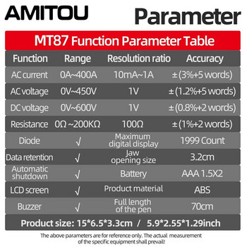 AMITOU MT87 Ψηφιακός 1999 Μετρητής σφιγκτήρα μέτρησης DC/AC Πολύμετρο Ηλεκτρικό αμπερόμετρο Δοκιμαστής τάσης NCV Ohm Εργαλείο ανίχνευσης υψηλής ακρίβειας