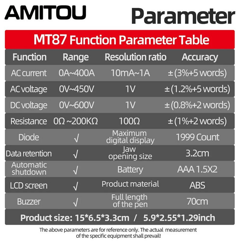AMITOU MT87 Digital 1999 Count Clamp Meter DC/AC Multimeter Elektriline Ampermeeter Pingetester NCV Ohm ülitäpse detektori tööriist
