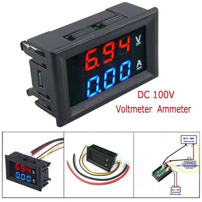 Digitális voltmérő ampermérő DC 100V 10A feszültség-árammérő teszter 0,28 hüvelykes kettős LED kijelző panel csatlakozó vezetékekkel