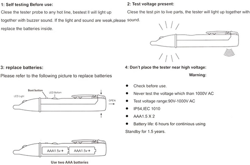 Elektrinis indikatorius 90-1000V Nekontaktinis lizdas Sieninis kintamosios srovės maitinimo lizdas Įtampos detektorius Jutiklis Testeris Rašiklis LED lemputė AC 110V-220V