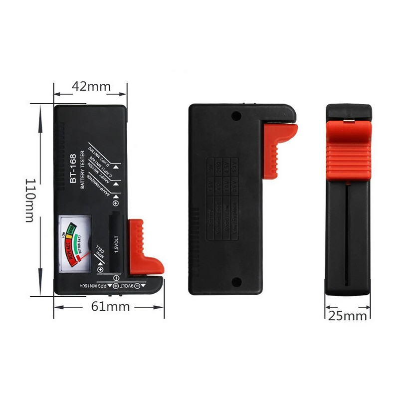 BT-168 AA/AAA/C/D/9V/1.5V baterijos Universalios mygtukų elementų baterijos Spalva koduotas matuoklis Rodo voltų testerio tikrintuvą BT168 galia