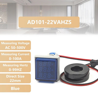 22 mm AC50-500 V skaitmeninis ekranas kvadratinis voltmetras ampermetras, srovės įtampa hercų dažnio matuoklis LED signalo indikatorius