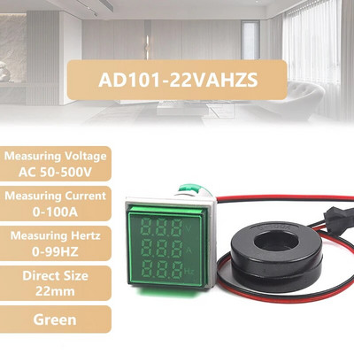 22 mm AC50-500 V skaitmeninis ekranas kvadratinis voltmetras ampermetras, srovės įtampa hercų dažnio matuoklis LED signalo indikatorius