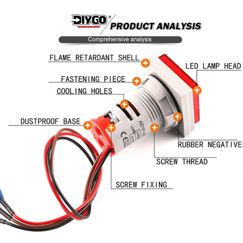 22 mm AC50-500 V skaitmeninis ekranas kvadratinis voltmetras ampermetras, srovės įtampa hercų dažnio matuoklis LED signalo indikatorius