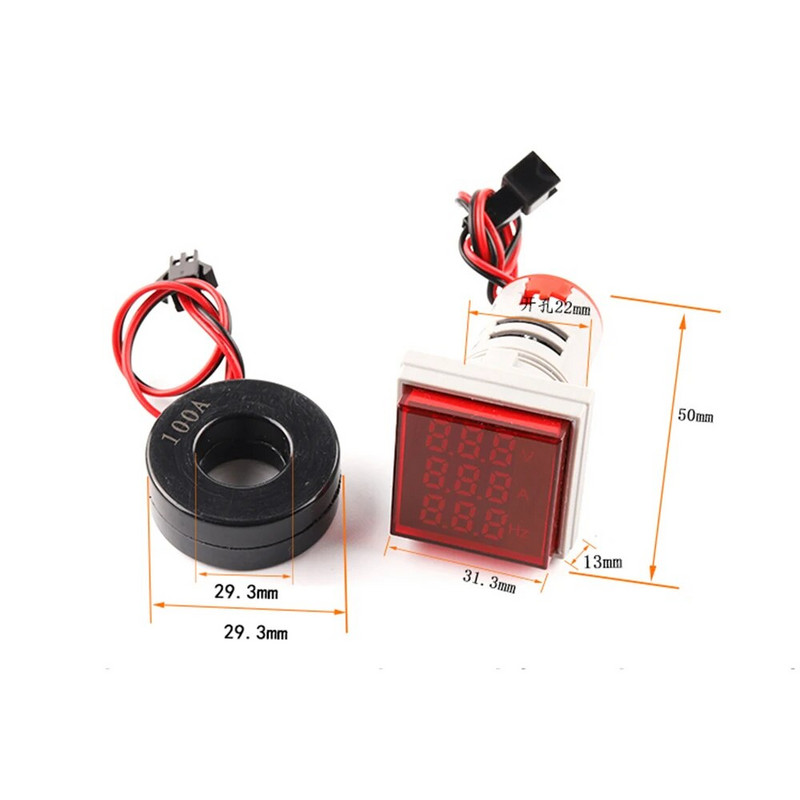 22 mm AC50-500 V skaitmeninis ekranas kvadratinis voltmetras ampermetras, srovės įtampa hercų dažnio matuoklis LED signalo indikatorius