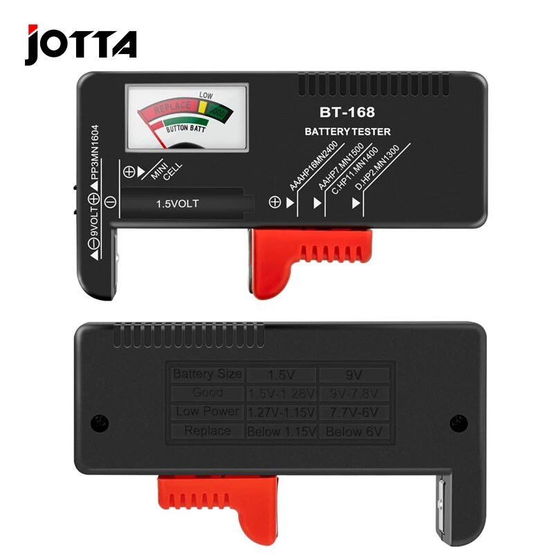 BT-168 AA/AAA/C/D/9V/1,5V universalus mygtukų elementų baterijos testeris, spalvotas matuoklis, rodantis voltų tikrintuvą