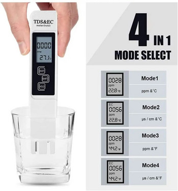 Цифров тестер за качество на водата TDS EC Meter Range 0-9990 Многофункционален уред за измерване на температурата на чистотата на водата TEMP PPM тестер