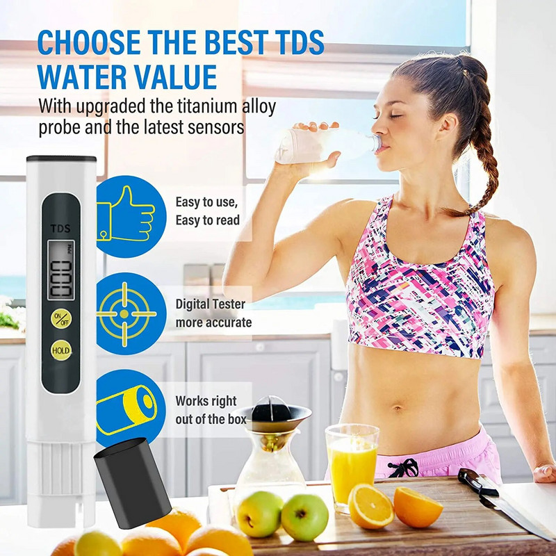 TDS-mõõturi veekvaliteedi testeri filtripliiats 0–9999 ppm mõõtevahemikuga Ideaalne ppm-mõõtur joogiveeakvaariumite jaoks