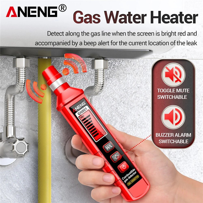 ANENG GN801 dujų nuotėkio detektorius Dujoms jautrus puslaidininkis detektorius 300-10000 PPM dujų monitoriaus LCD ekranas Garso aliarmo dujų tikrinimo įrankis