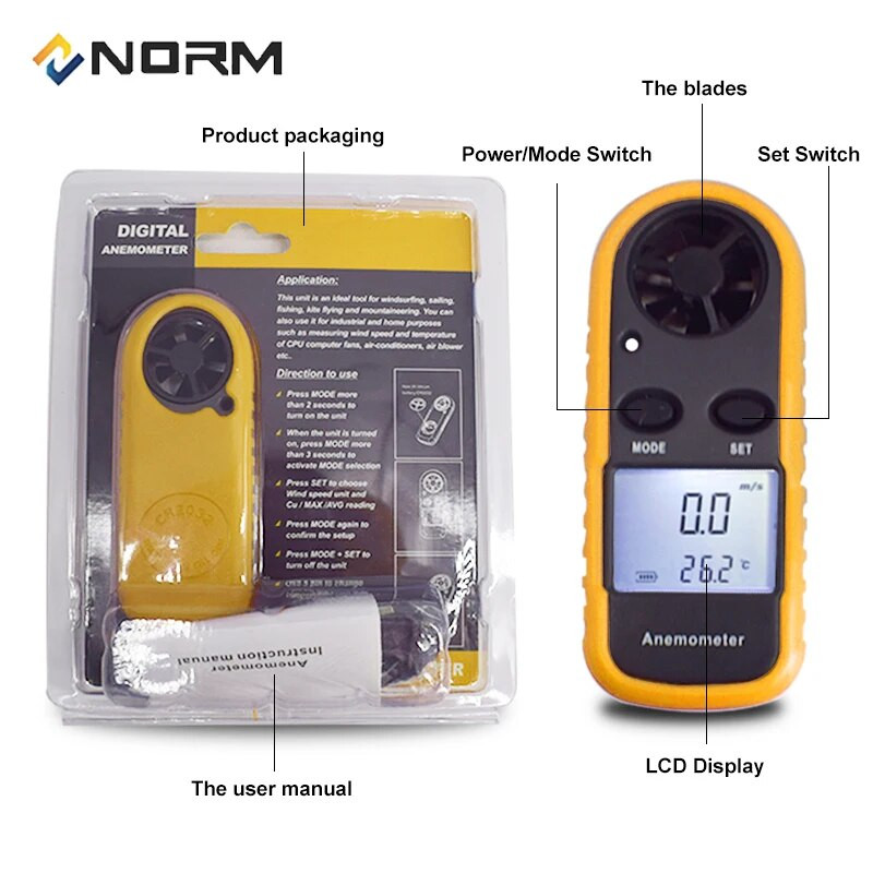 Skaitmeninis anemometro matavimo įrankis Vėjo greičio matuoklis iki 30 m/s su LCD
