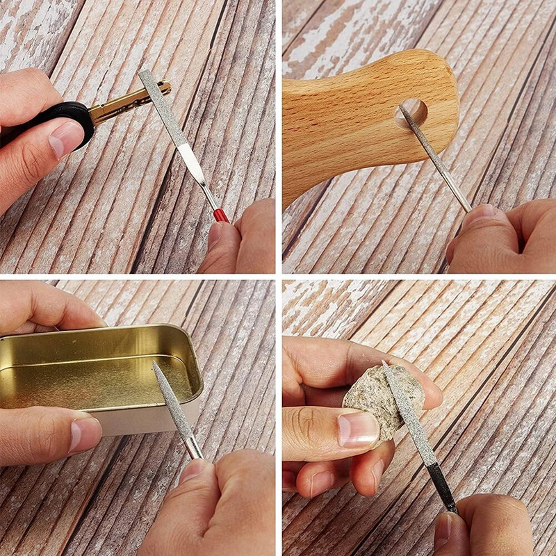 2vnt 3x140 mm mini adatų dildės komplektas deimantinis dildės plokščias metalinis šlifavimo akmuo su plastikine rankena Modelis plokštelinis dildė papuošalų poliravimas