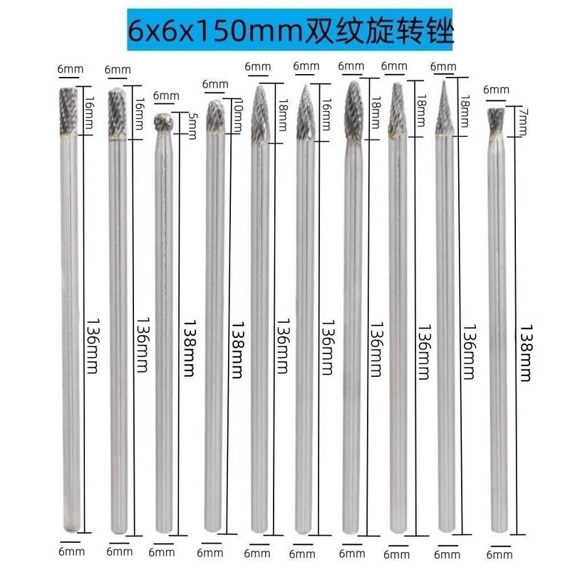1 kom 6*6*150 mm ekstra duge rotacijske rašpice Burr Tungsten Carbide Graviranje Glodalo Svrdlo Dvostruko rezana žljeb za metal Wook