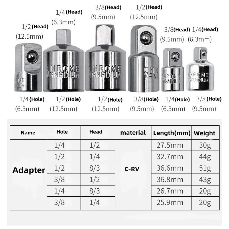 Adapter nasadnog ključa sa čegrtaljkom Adapter ključa sa čegrtaljkom 1/2 velikog zavoja 3/8 srednjeg zavoja 1/4 malog zavoja CR-V krom-vanadij čelik