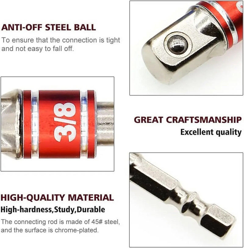 Smūginės pavaros lizdo prailginimo adapteris išplėstinis keitiklis galios grąžtas šešiakampis su greitaeigiu veržlės kištuku veržliarakčiu 1/4 3/8 1/2