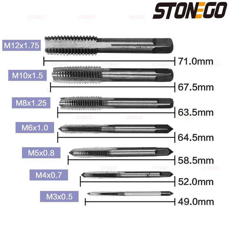 STONEGO 5 DB/7 DB csapágyacél acél kúpos kézi spirálhegyű egyenes hornyos csavarmenet kézi menetfúró M3/M4/M5/M6/M8/M10/M12