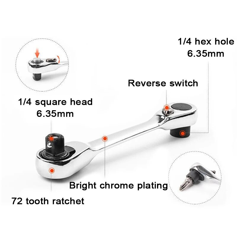 Mini 1/4 colio dvipusis greito lizdo reketinis veržliarakčio strypo atsuktuvas antgalio įrankis, kuriame yra 1 x reketinės rankenos veržliarakčio rankiniai įrankiai
