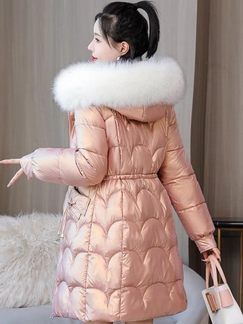 Χειμερινά γυναικεία λεπτά μακριά μπουφάν παρκά 2022 Casual μεγάλος γούνινος γιακάς με κουκούλα Χοντρό ζεστό παλτό πάρκα Γυναικεία ενδύματα μακριά από πάρκα