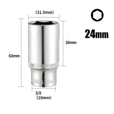 1PC 3/8 inčni duboki adapter za utičnicu, srednji šesterokutni ključevi s dugim rukavima, glave krom-vanadij čelika, adapter za ključeve s čegrtaljkom 8-24 mm