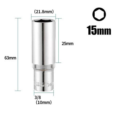 1PC 3/8 inčni duboki adapter za utičnicu, srednji šesterokutni ključevi s dugim rukavima, glave krom-vanadij čelika, adapter za ključeve s čegrtaljkom 8-24 mm