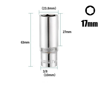 1PC 3/8 inčni duboki adapter za utičnicu, srednji šesterokutni ključevi s dugim rukavima, glave krom-vanadij čelika, adapter za ključeve s čegrtaljkom 8-24 mm