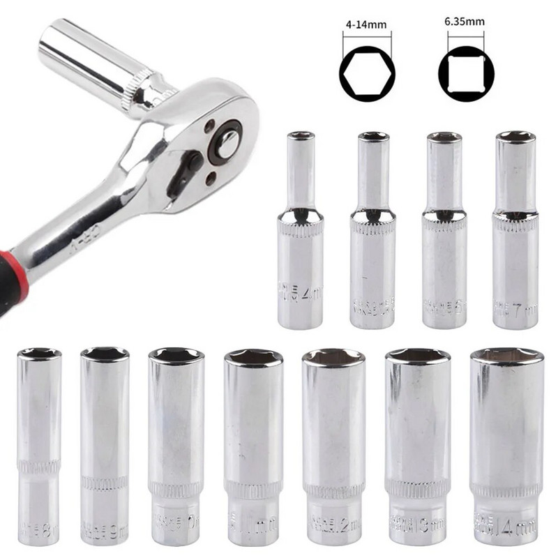 1 kom 4-14 mm set nasadnih nasadnih nastavaka, duboki nasadni adapter, krom-vanadij čelična nasadna nasadna glava, 1/4 šesterokutni pogon, udarni izvijači, nasadni ključevi, ručni alati