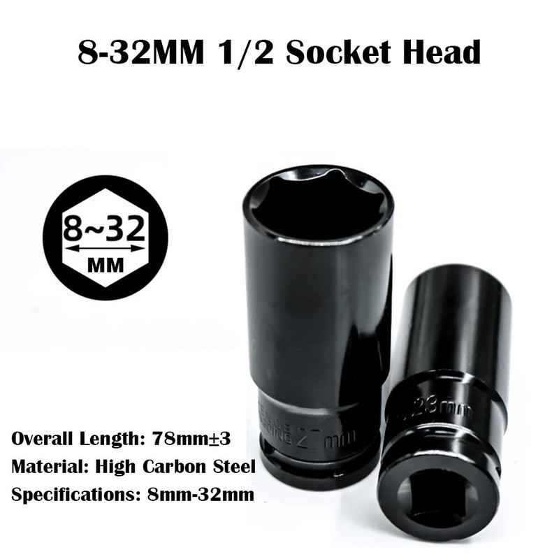 1 db 1/2 ütős aljzat készlet 8-32 mm mély, hosszú fejű hatlapfejű mechanikai műhelyszerszámok nyomatékkulcshoz pneumatikus villáskulcs készlet