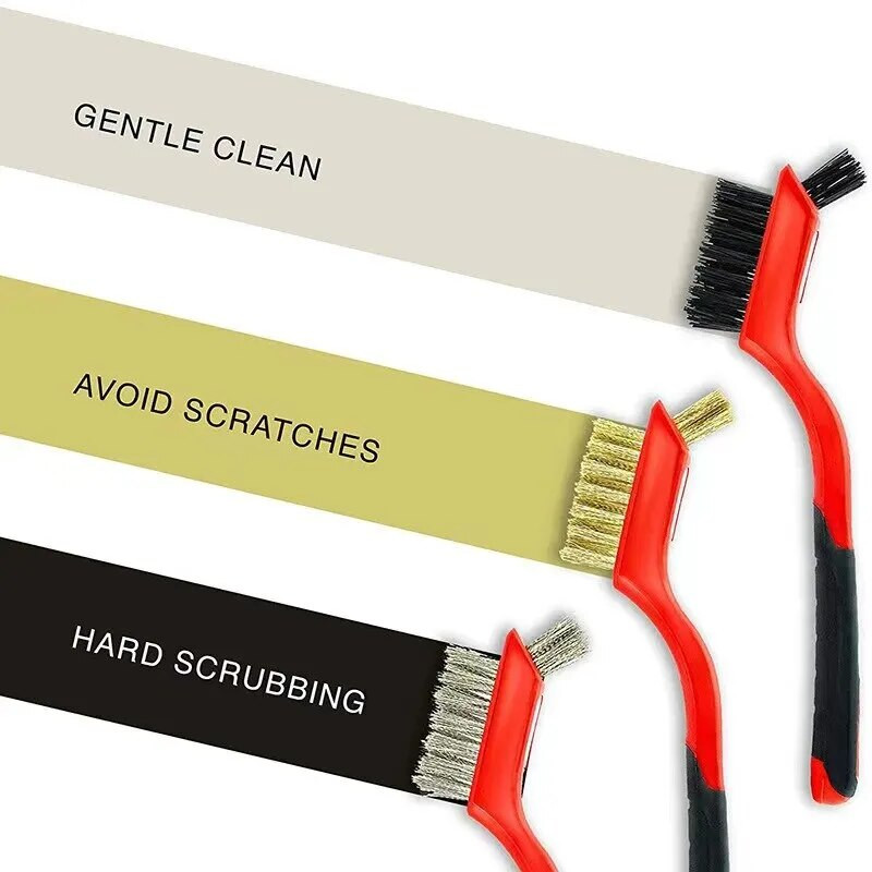 Mini šepečių rinkinys iš trijų virtuvinių šepečių, skirtų dujiniams gartraukiams, riebalams ir dėmių šalinimui, kaitlentės valymo priemonėms, mažoms plieno vielai