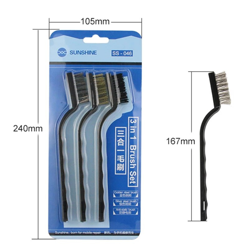 SUNSHINE SS-046 3 in1 IC perie de curățare pentru repararea telefonului pentru repararea telefonului, placa de bază, perie antistatică din oțel, perie fină, moale, instrument de curățare
