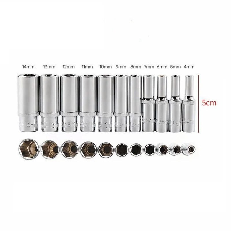 1db Hi-spec 1/4 hüvelyk mély metrikus aljzatkészlet, 4-14 mm-es 6 pontos készlet, hosszú hüvely, racsnis kulcs, javítószerszám