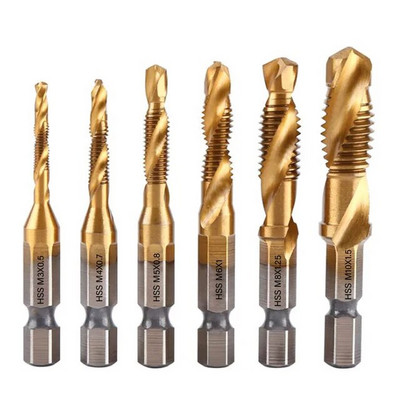 Set de burghie pentru robinet, 1/6 buc., tija hexagonală placată cu titan HSS, șurub, filet, mașină de șuruburi, robinet compus M3 M4 M5 M6 M8 M10, unelte de mână