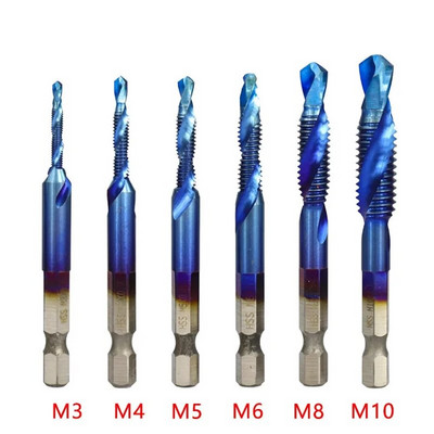 Set de burghie pentru robinet, 1/6 buc., tija hexagonală placată cu titan HSS, șurub, filet, mașină de șuruburi, robinet compus M3 M4 M5 M6 M8 M10, unelte de mână