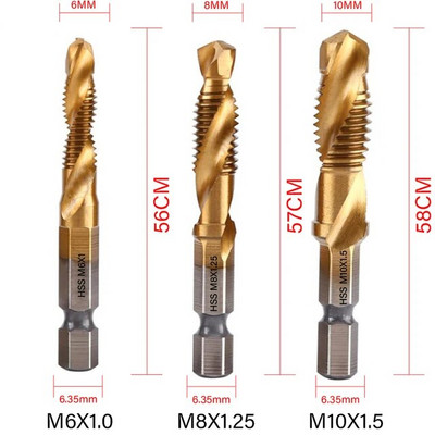 Set de burghie pentru robinet, 1/6 buc., tija hexagonală placată cu titan HSS, șurub, filet, mașină de șuruburi, robinet compus M3 M4 M5 M6 M8 M10, unelte de mână