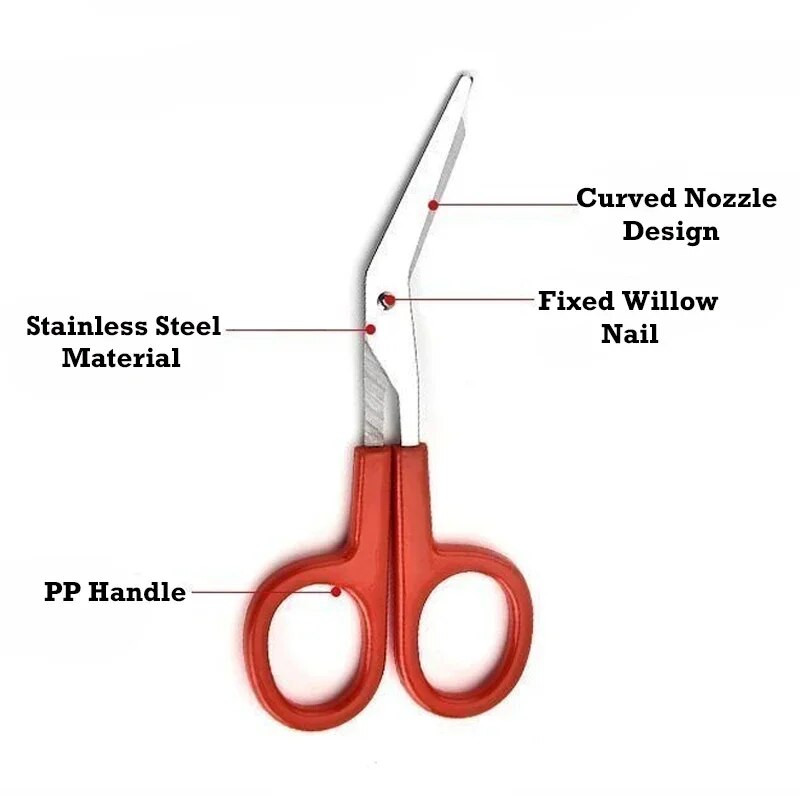 1 vnt. daugiafunkcinės alkūnės marlės žirklės, nerūdijančio plieno, buitinės priežiūros tvarsčių žirklės, pirmosios pagalbos rinkinio priedai